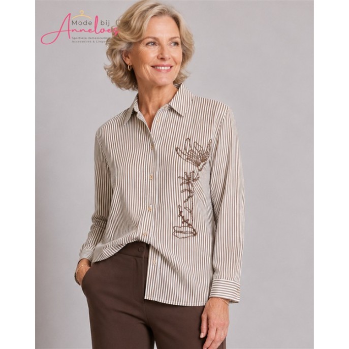 Micha Blouse 145252 Streep Borduring Brown Offwhite Micha Blouse 145252 Streep Borduring Brown Offwhite